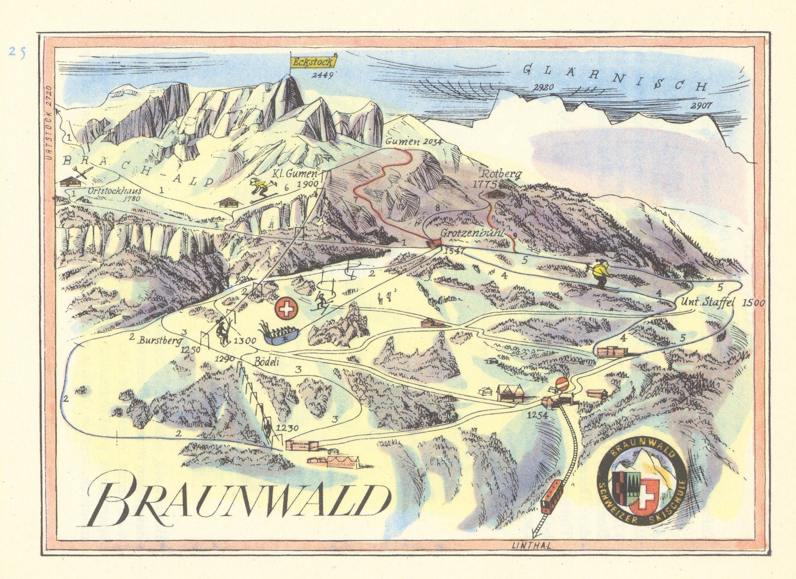 Braunwald small ski resort piste/trail map by Otto Müller. Switzerland 1949